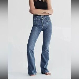 Free People 26 High Rise Long Blue Jeans Button-Front Waist Flare Hippie Western